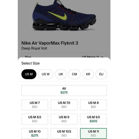 Nike Air VaporMax Flyknit 3 Deep Royal Blue/ Volt Men Sneakers- SZ 10 main image 9